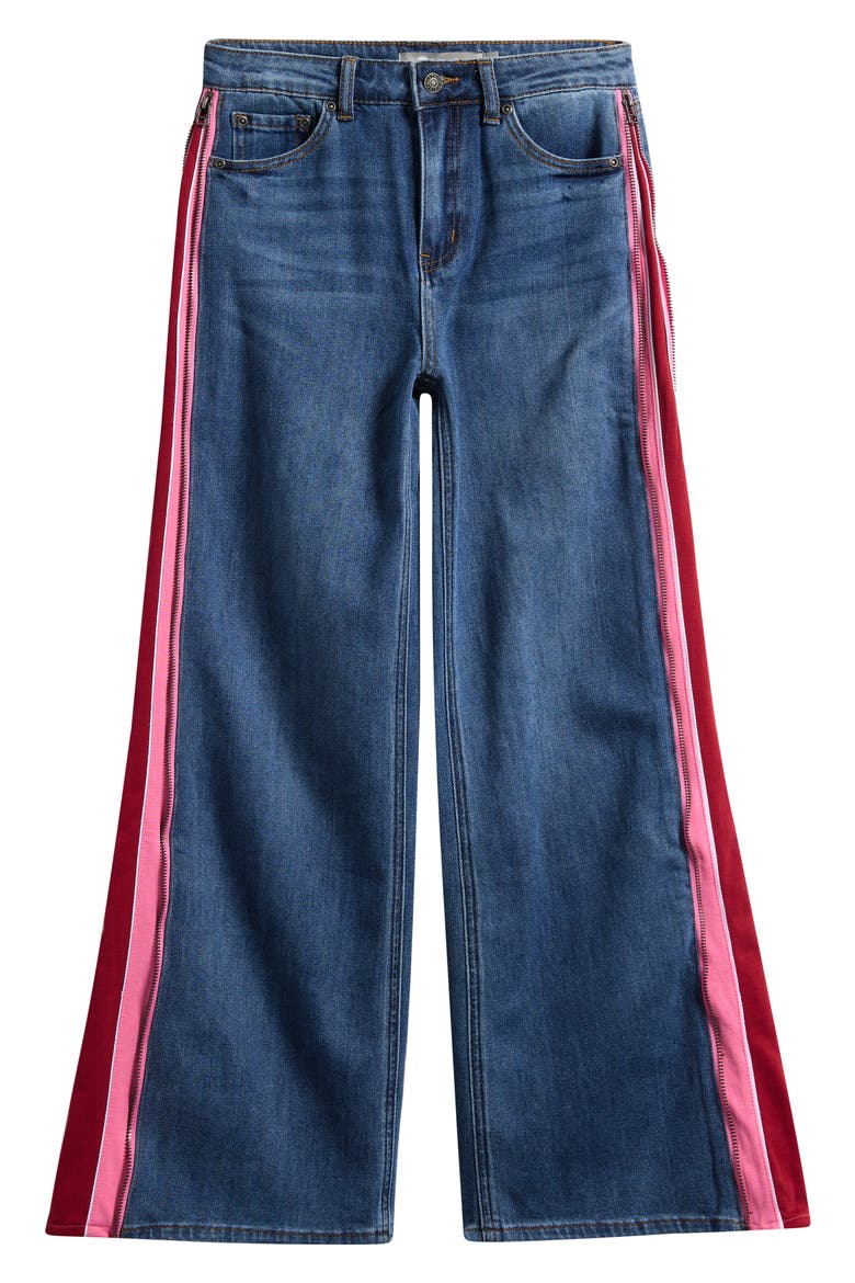 Kids' Track Stripe Wide Leg Jeans, Main, color, RED PANEL/ INDIGO