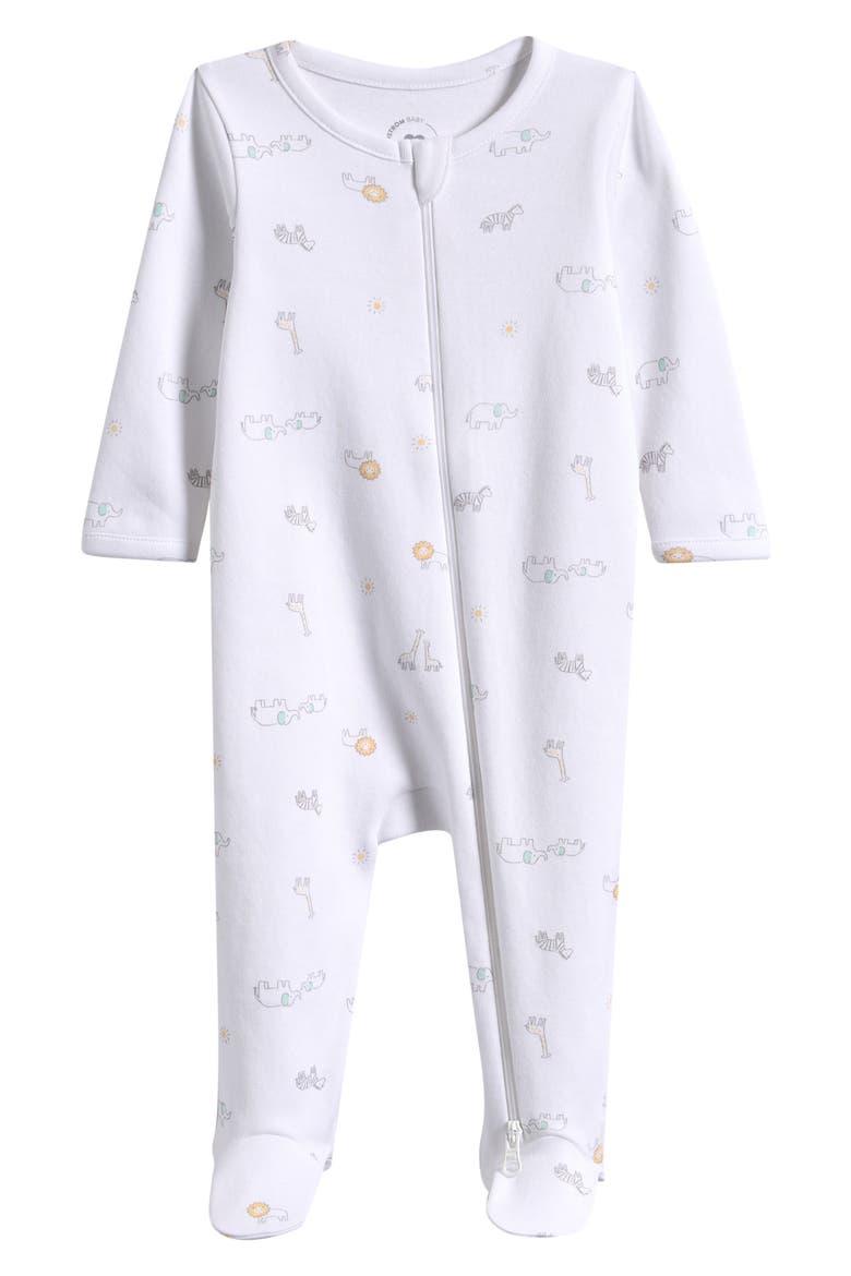 Two-Way Zip Printed Cotton Footie, Main, color, WHITE ZOO PARTY