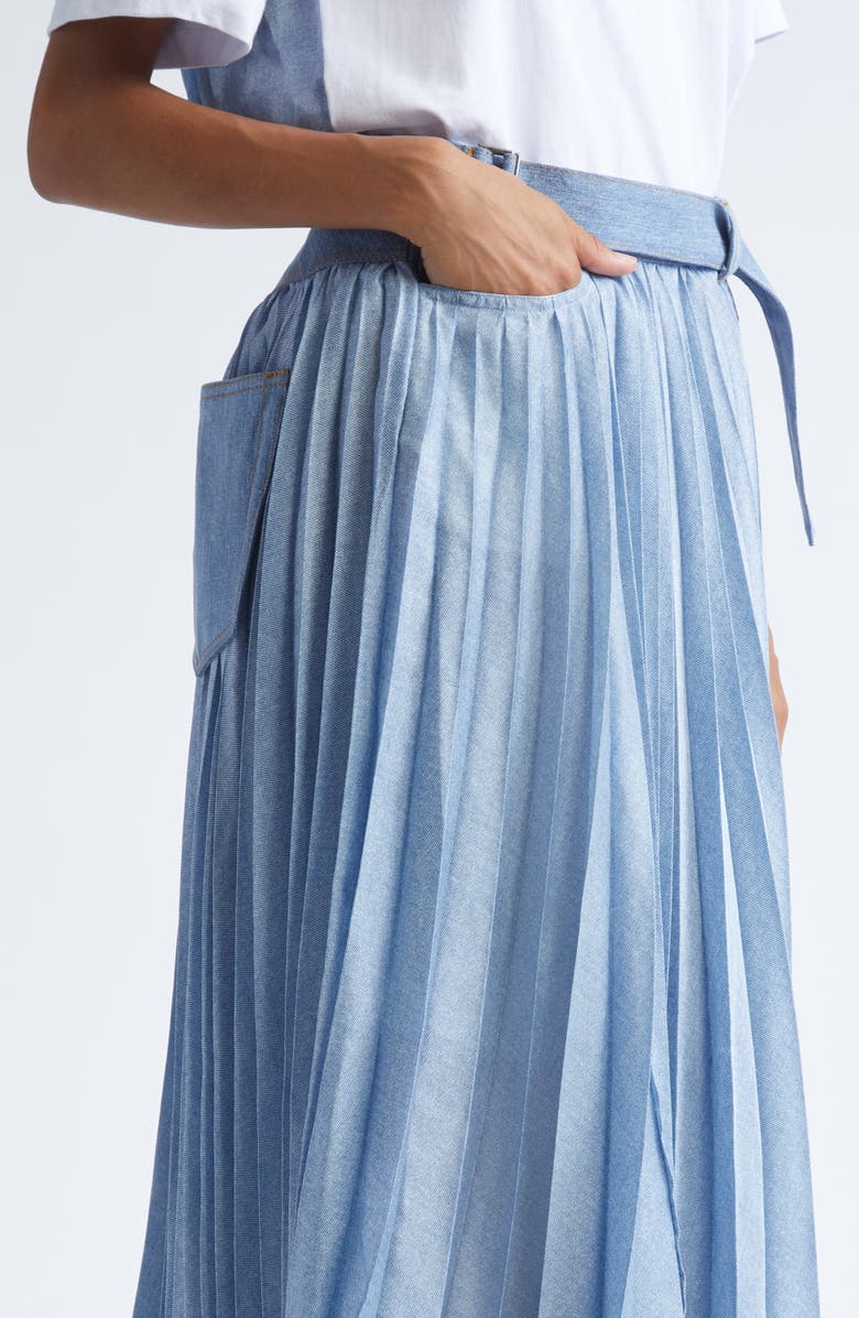 Sacai Pleated Mixed Media Midi Skirt, Alternate, color, Light Blue