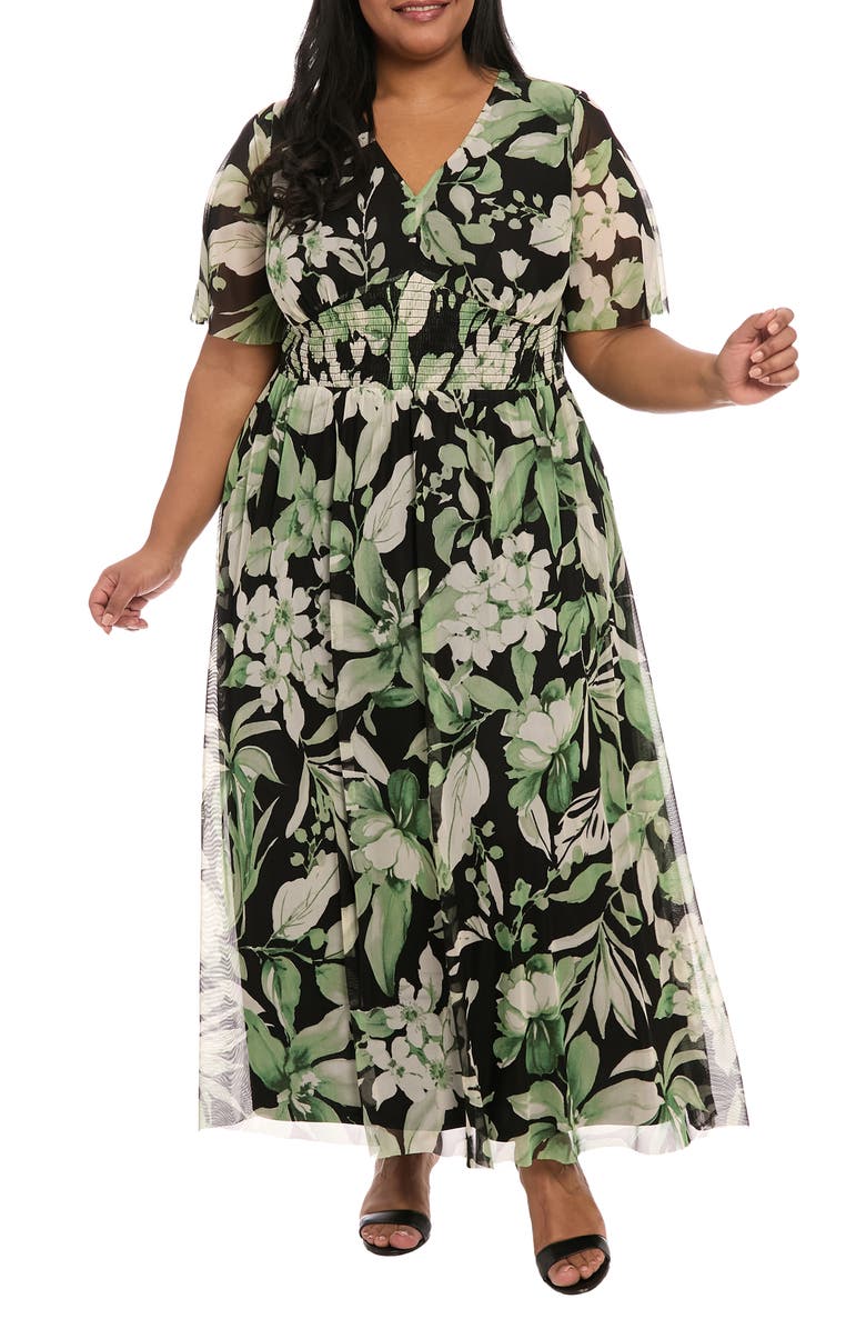 London Times Mesh Flutter Sleeve Maxi Dress, Main, color, Black/ Green