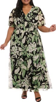 London Times Mesh Flutter Sleeve Maxi Dress