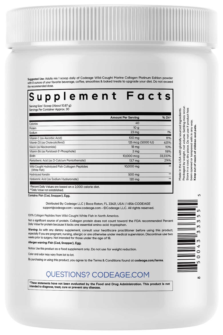 Platinum Marine Collagen Protein + Vitamins & Biotin Powder, Alternate, color, White