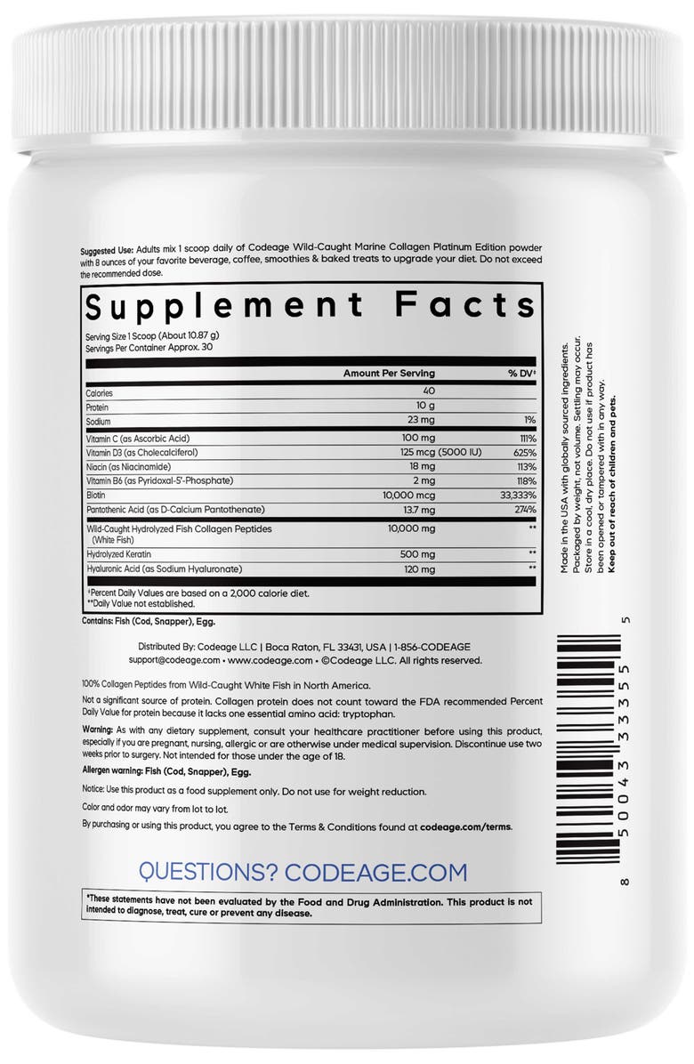 Codeage Platinum Marine Collagen Protein + Vitamins & Biotin Powder, Alternate, color, White