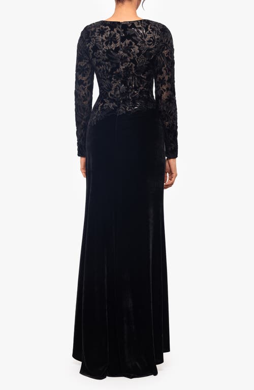 Betsy & Adam Sequin & Velvet Long Sleeve Gown In Black