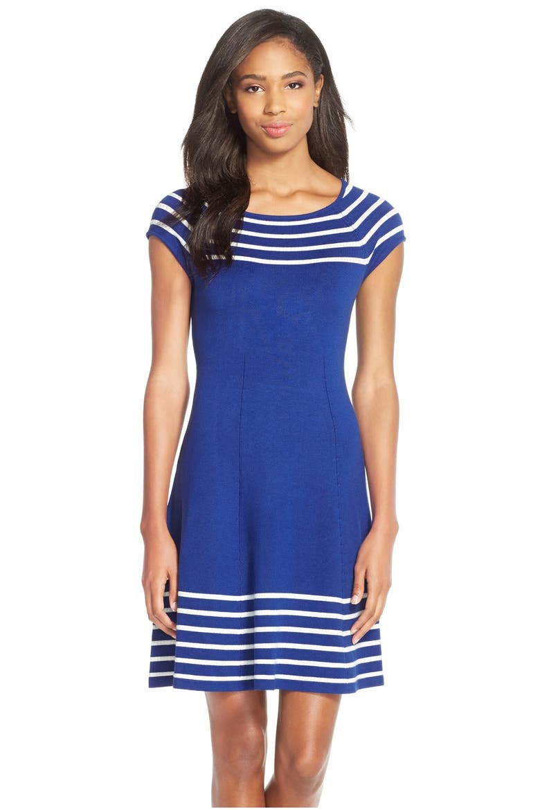 Stripe Knit Flared Dress, Main, color, COBALT