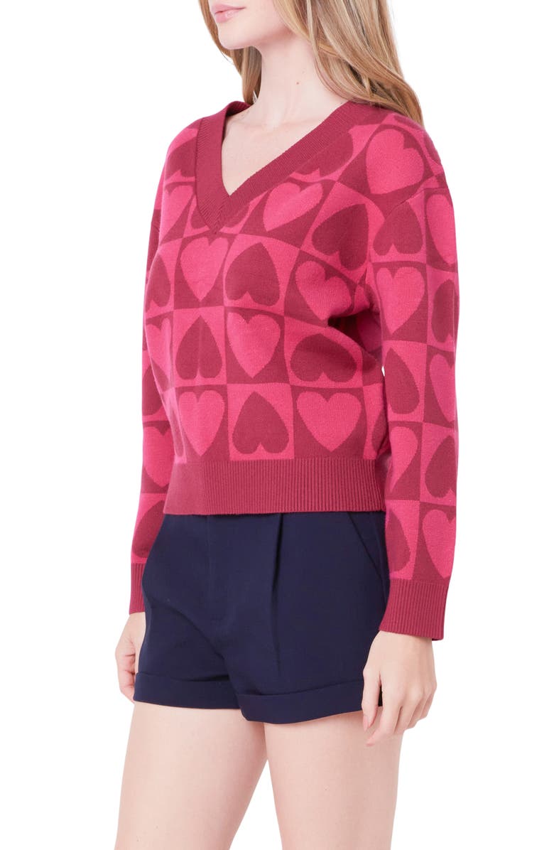 English Factory Heart V-Neck Pullover Sweater, Alternate, color, Pink Multi