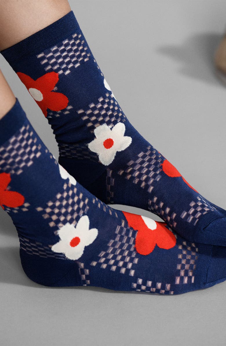 Hansel From Basel Jillian Floral Cotton Blend Crew Socks, Alternate, color, Cobalt Blue