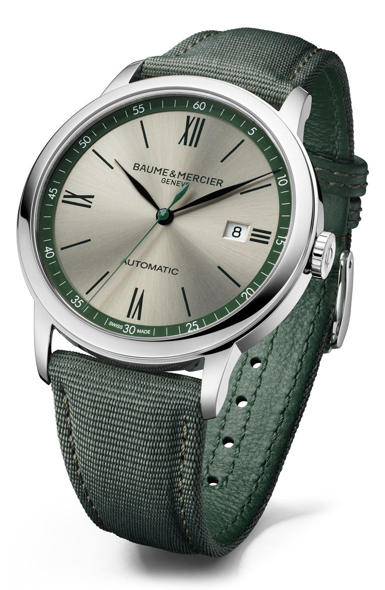 Baume & Mercier Classima 10696 Automatic Canvas Strap Watch, 42mm, Alternate, color, Beige