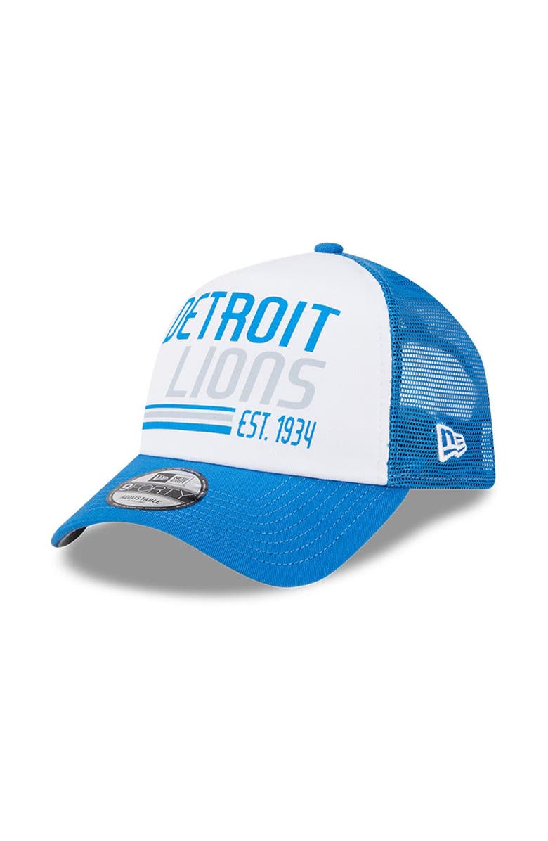 New Era Men's New Era White/Blue Detroit Lions Stacked A-Frame Trucker 9FORTY Adjustable Hat, Main, color, 