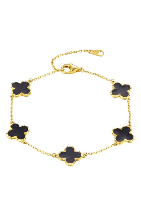 14K Gold Plated Sterling Silver Clover Station Chain Bracelet