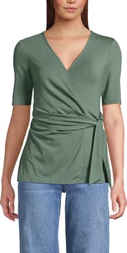 Lands' End Elbow Sleeve Lightweight Jersey Side Tie Blouse