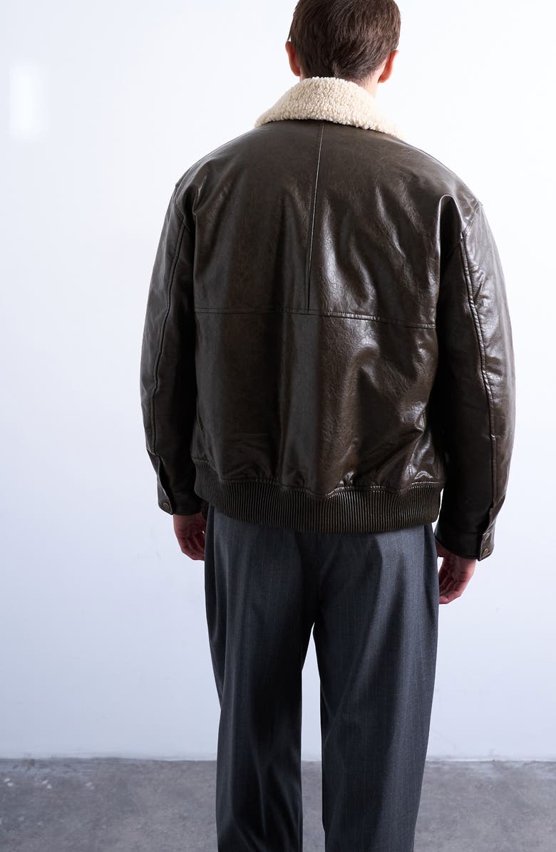 Topman Faux Shearling & Faux Leather Bomber Jacket, Alternate, color, Brown