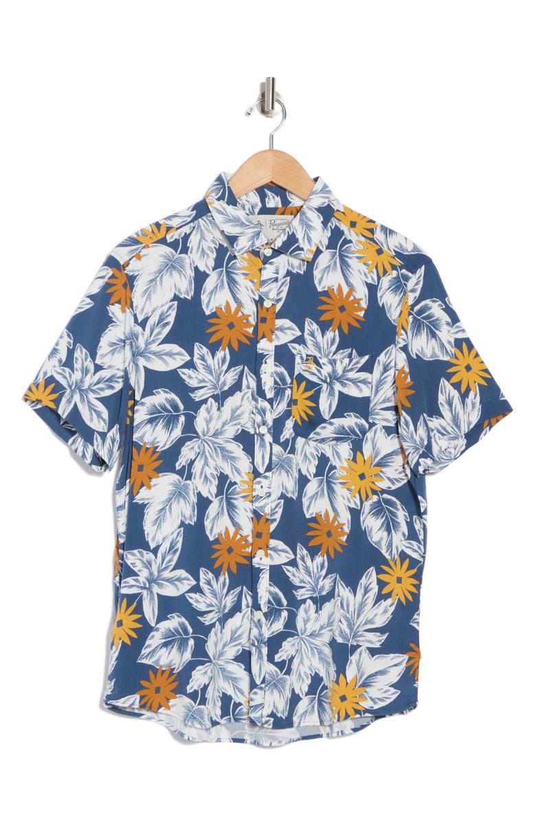 Original Penguin Floral Short Sleeve Button-Up Shirt, Alternate, color, Sargasso Sea