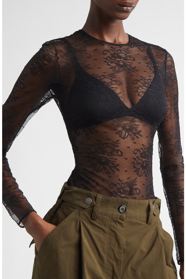 Long Sleeve Sheer Floral Lace Bodysuit, Alternate, color, NERO