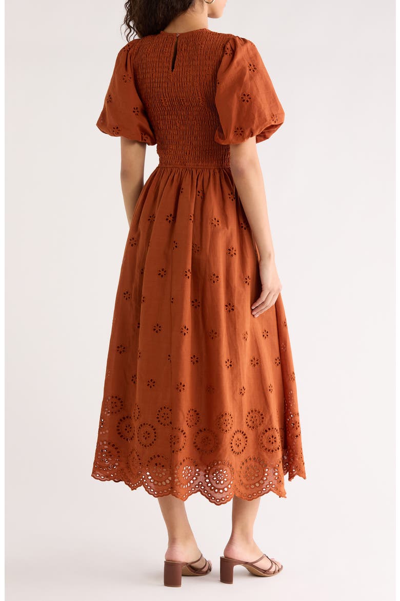 Deana Eyelet Smocked Midi Dress, Alternate, color, BROWN