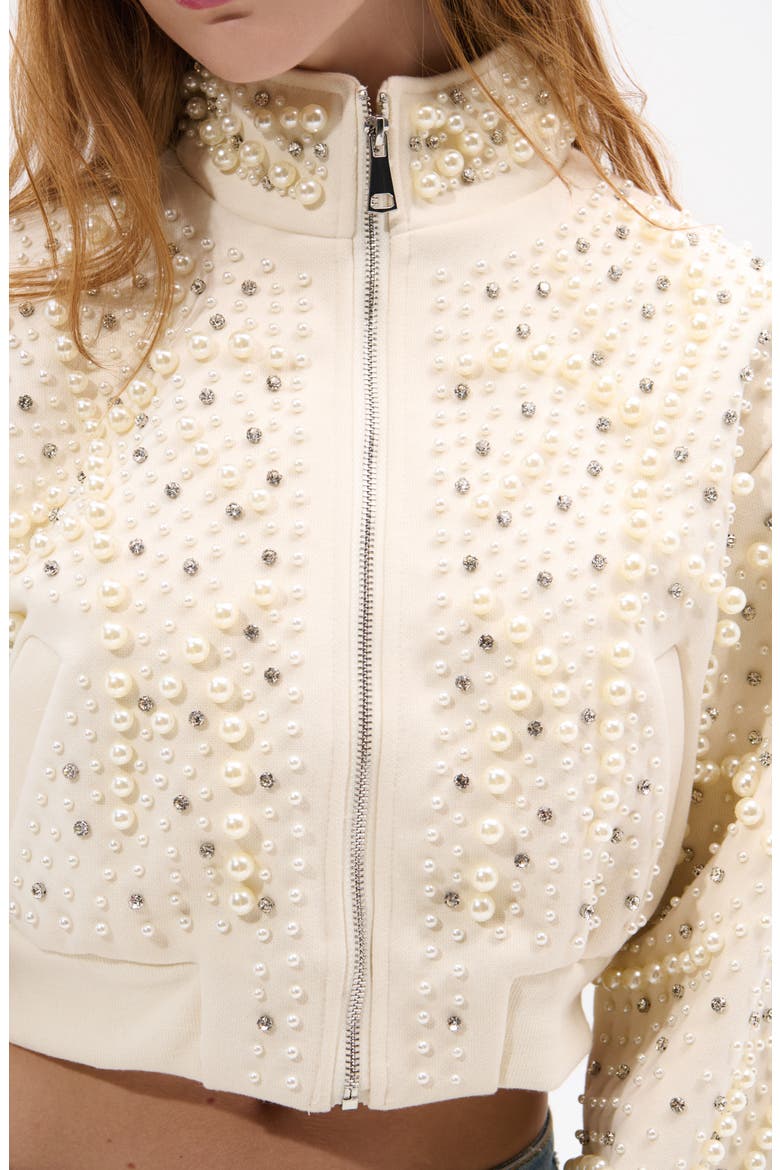 Pearlized Embellished Bomber Jacket, Alternate, color, CREAM