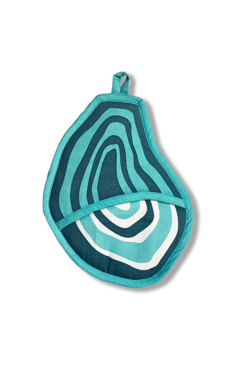 Oyster Tea Towel and Pot Holder Set, Alternate, color, Blue Green