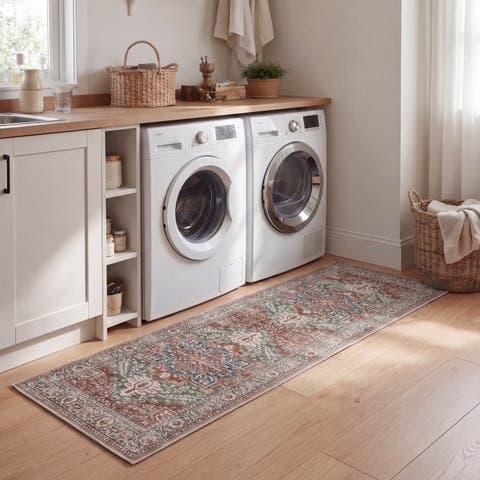Eleanor Vintage Medallion Border Non-Slip Machine-Washable Cream/Terra 5 ft. x 8 ft. Area Rug