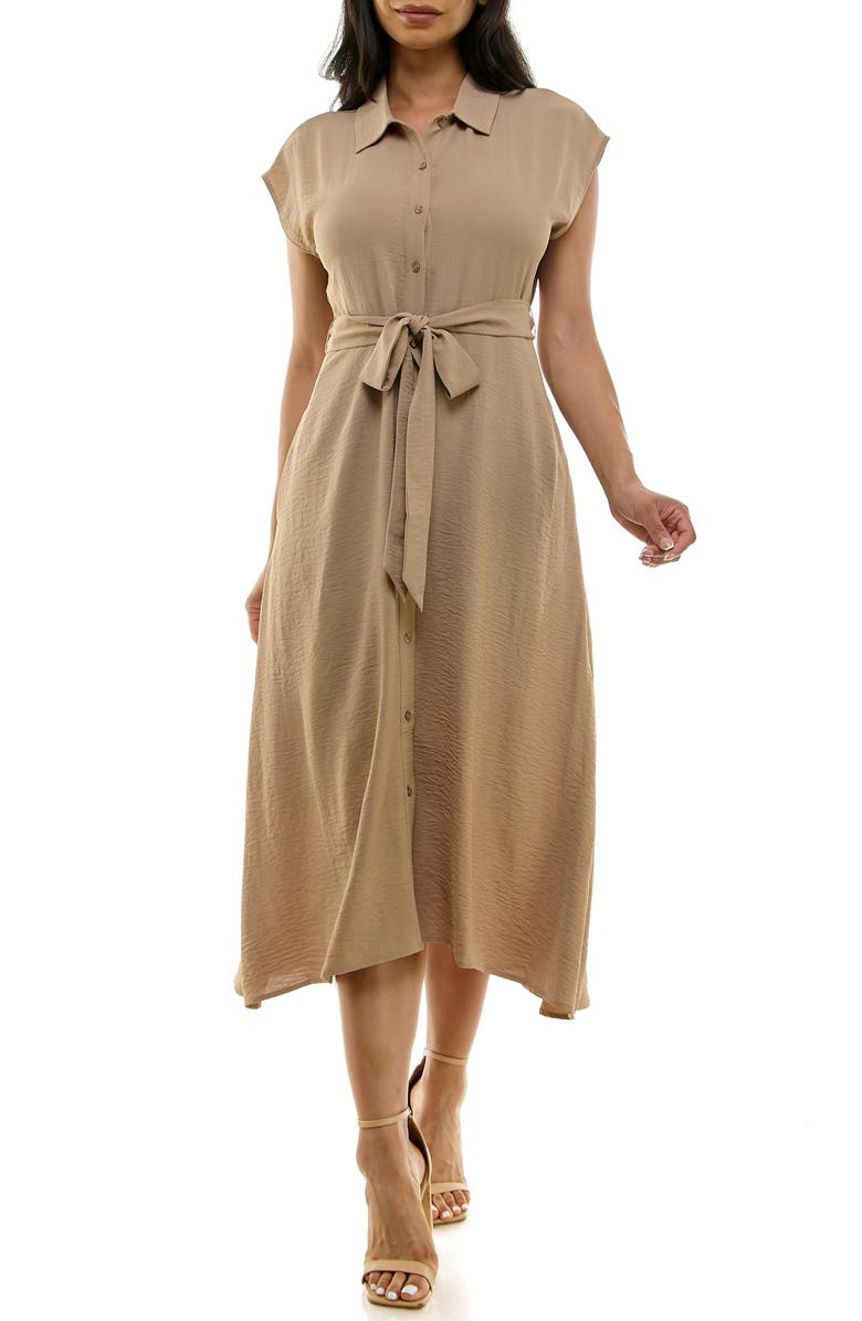 Nina Leonard Tie Waist Midi Shirtdress, Main, color, Tan