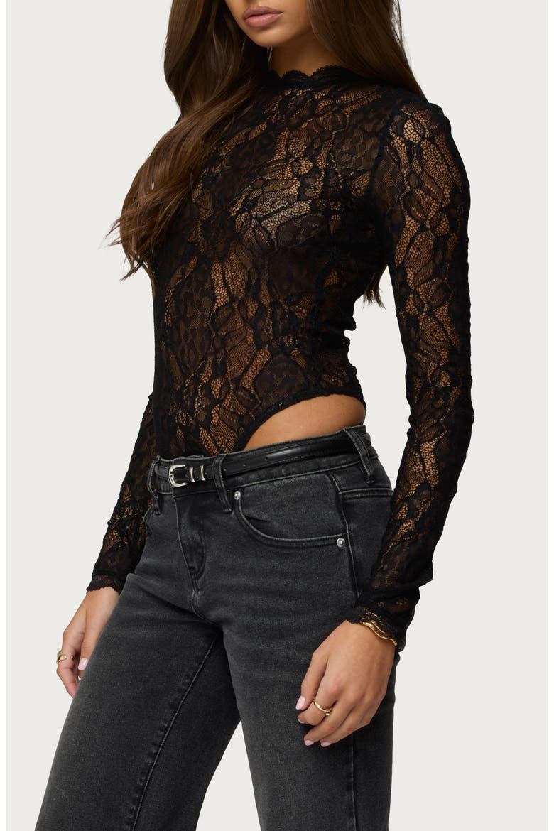 Rosalinda Lace Sheer Bodysuit, Alternate, color, BLACK