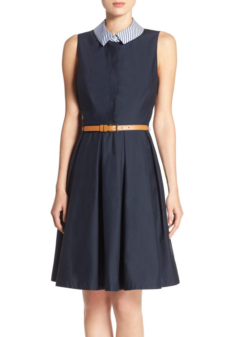 Collared Poplin Fit & Flare Shirtdress, Alternate, color, NAVY