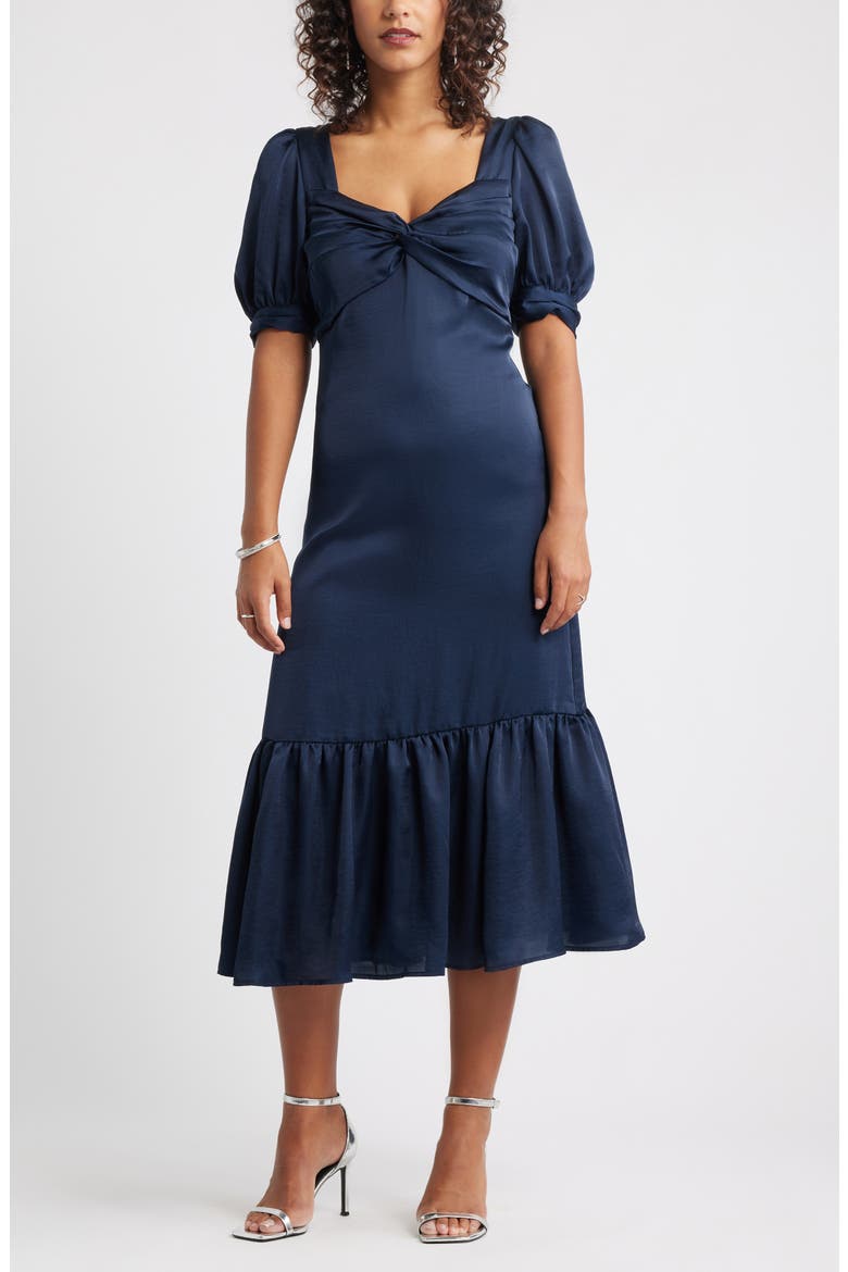 Twist Front Puff Sleeve Satin Midi Dress, Main, color, NAVY STILL