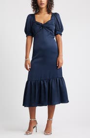 Chelsea28 Twist Front Puff Sleeve Satin Midi Dress