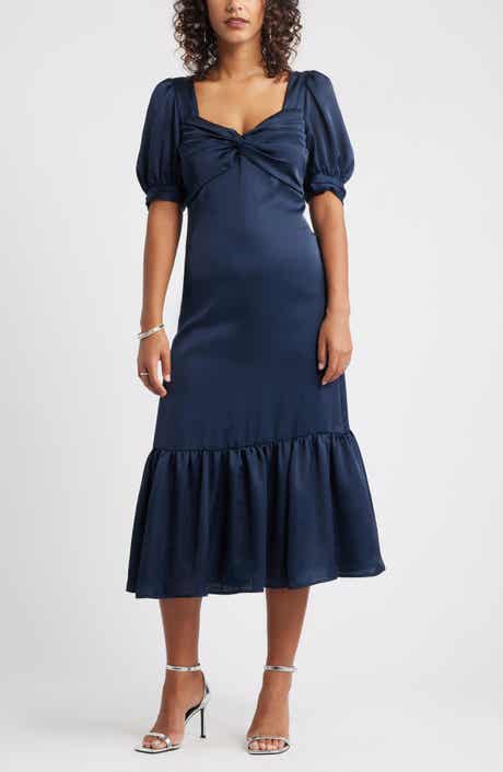 Chelsea28 Twist Front Puff Sleeve Satin Midi Dress