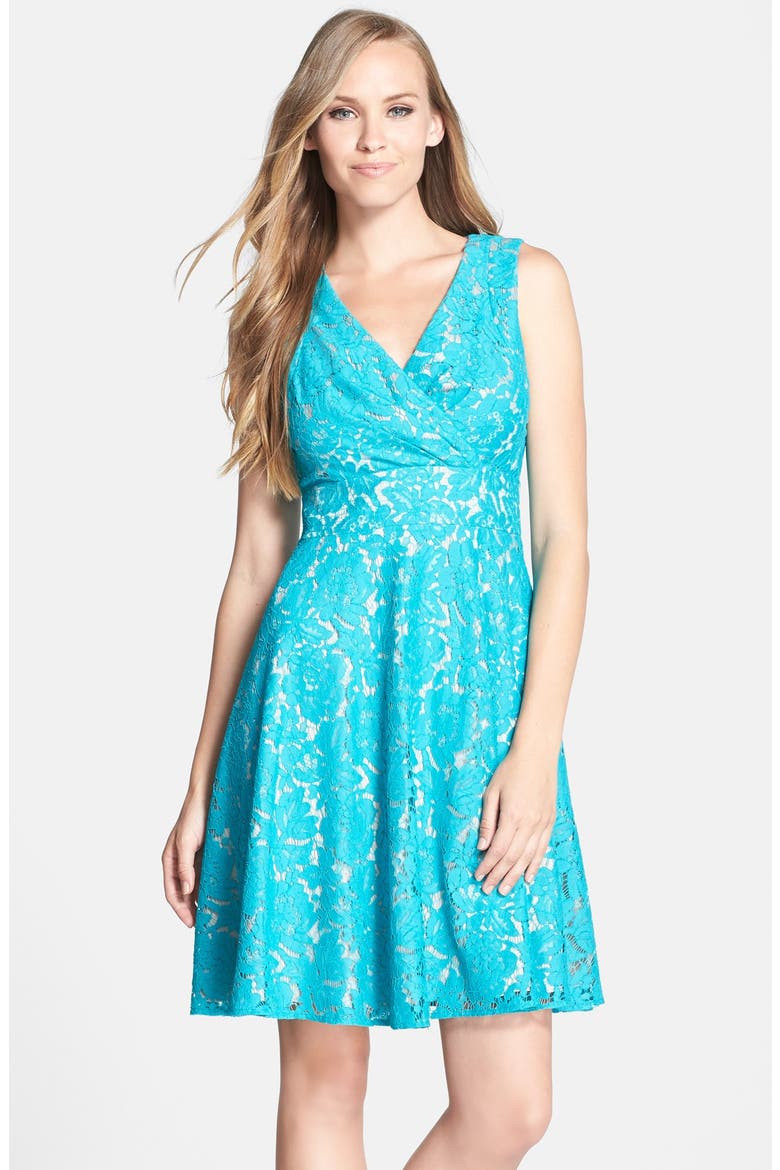 Lace Fit & Flare Dress, Main, color, TEAL