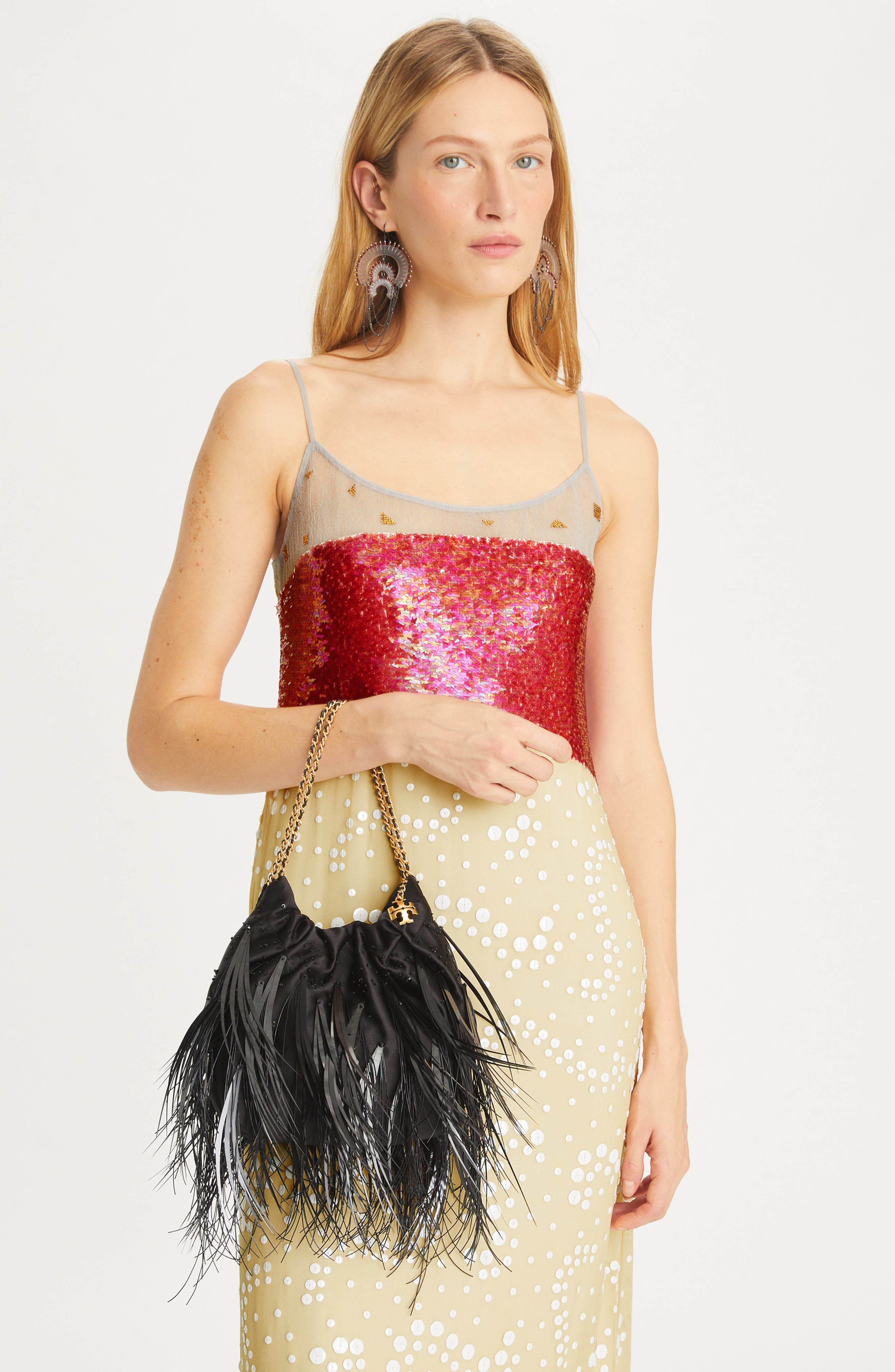 Tory Burch Mini Fleming Leather Feather Hobo Bag, Alternate, color, 