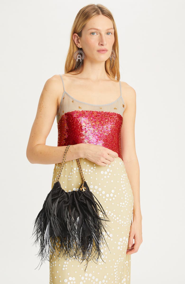 Tory Burch Mini Fleming Leather Feather Hobo Bag, Alternate, color,