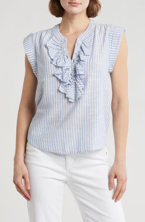 Stripe Ruffle Front Cap Sleeve Poplin Top