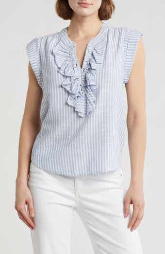 Democracy Stripe Ruffle Front Cap Sleeve Poplin Top