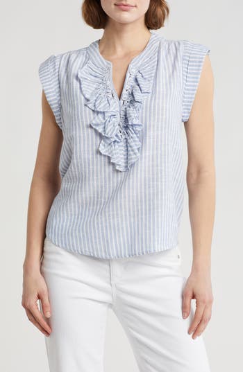 Democracy Stripe Ruffle Front Cap Sleeve Poplin Top In Blue