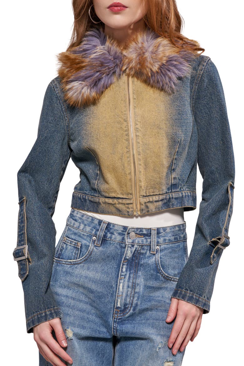 Coralyn Denim Jacket with Faux Fur Collar, Main, color, DENIM MULTI