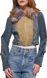 AZALEA WANG Coralyn Denim Jacket with Faux Fur Collar
