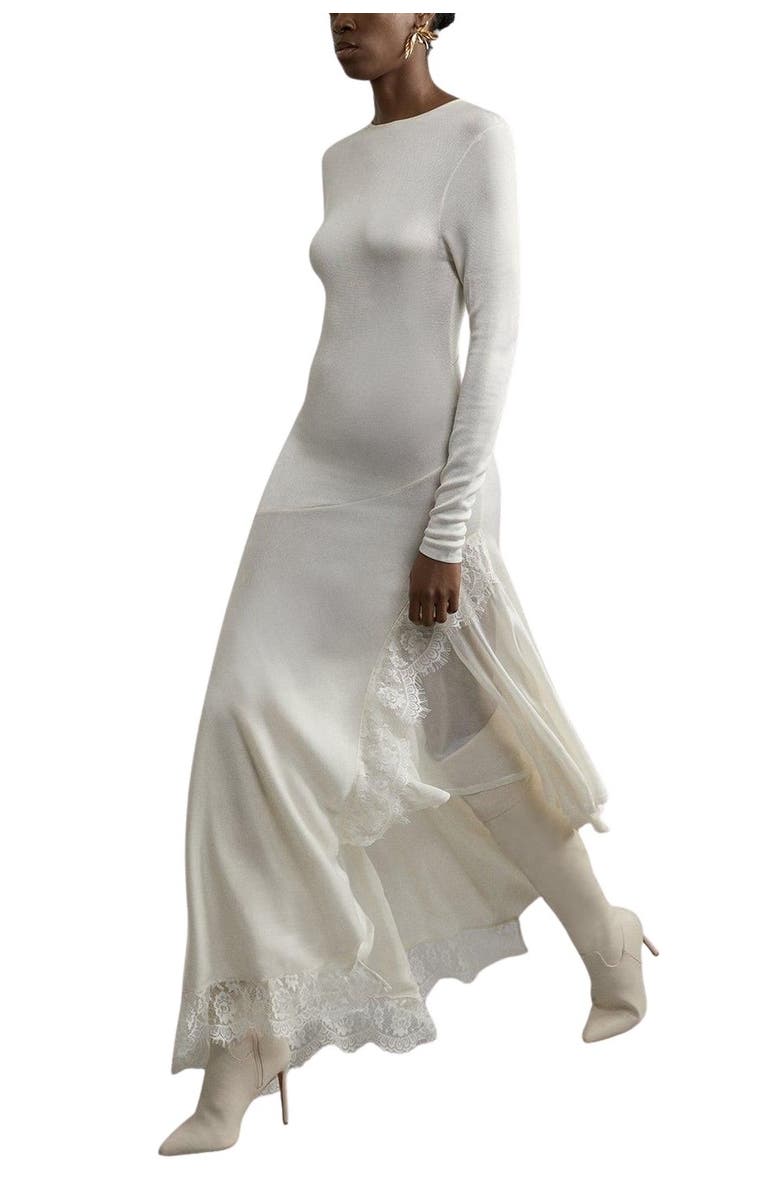 Karen Millen Slinky Lace Asymmetric Maxi Dress, Alternate, color, Cream