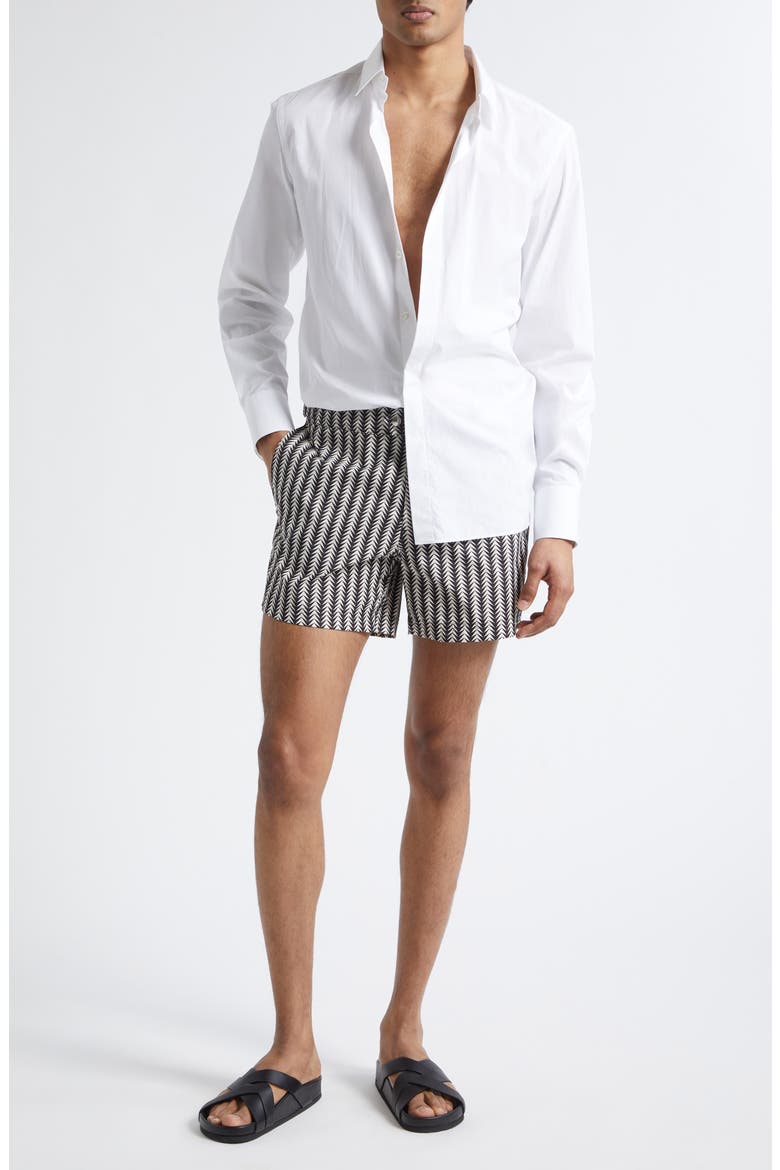 Geometric Print Compact Swim Trunks, Alternate, color, WHITE/ BLACK