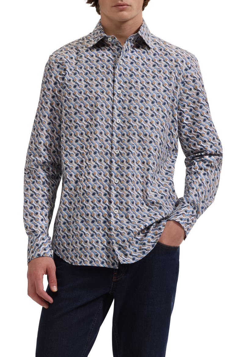 Axel Shaped Fit Geo Print Stretch Cotton Button-Up Shirt, Main, color, COBALT