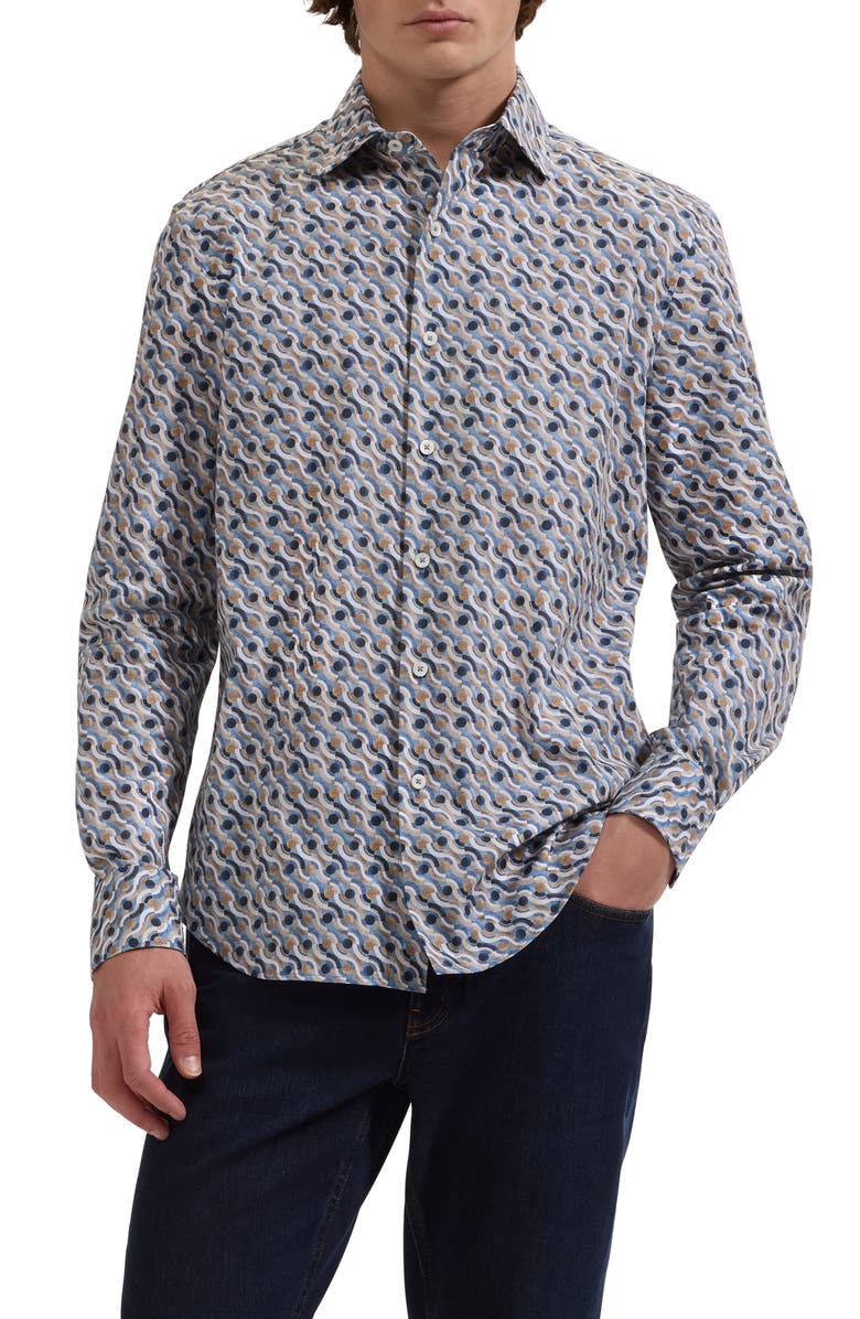 Bugatchi Axel Shaped Fit Geo Print Stretch Cotton Button-Up Shirt, Main, color, Cobalt