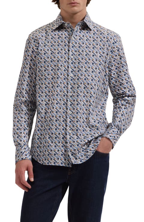 Axel Shaped Fit Geo Print Stretch Cotton Button-Up Shirt