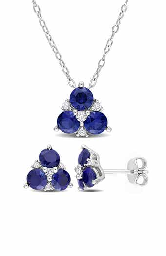 Sterling Silver Blue & White CZ Cluster Necklace & Earrings Set