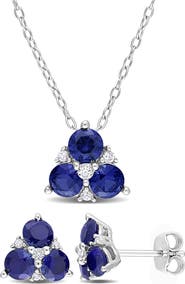 DELMAR Sterling Silver Blue & White CZ Cluster Necklace & Earrings Set