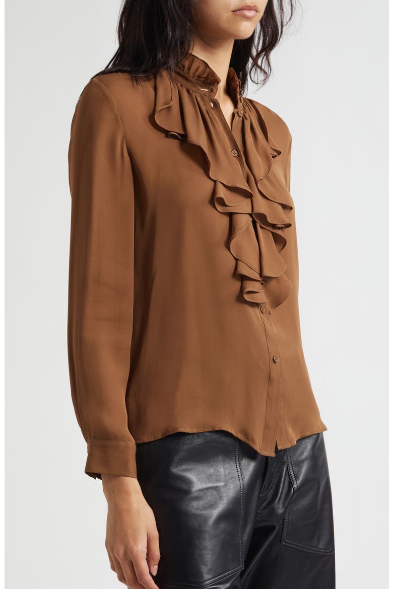 Lily Ruffle Silk Shirt, Alternate, color, COGNAC