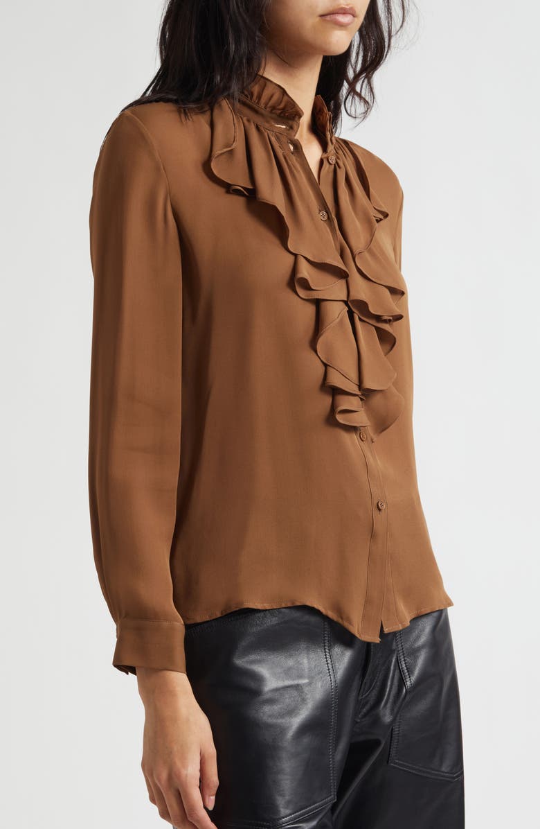Nili Lotan Lily Ruffle Silk Shirt, Alternate, color, Cognac