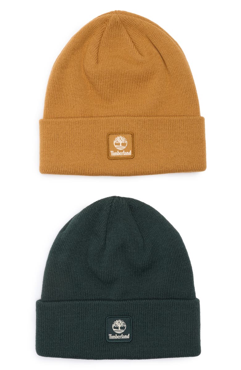 Timberland 2-Pack Logo Patch Ribbed Beanies, Main, color, Wheat