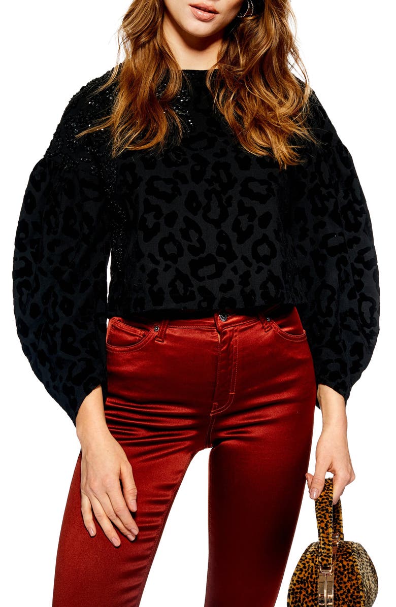 Topshop Sequin Embellished Leopard Sweater, Main, color, Black