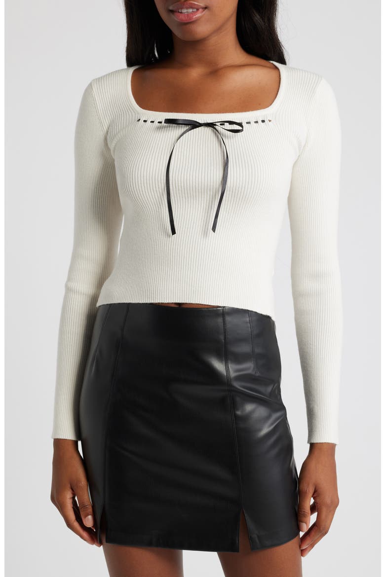 Tie Neck Rib Sweater, Main, color, IVORY BLAC
