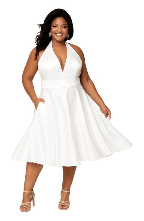Halter Satin Plus Size Tea-Length Wedding Dress