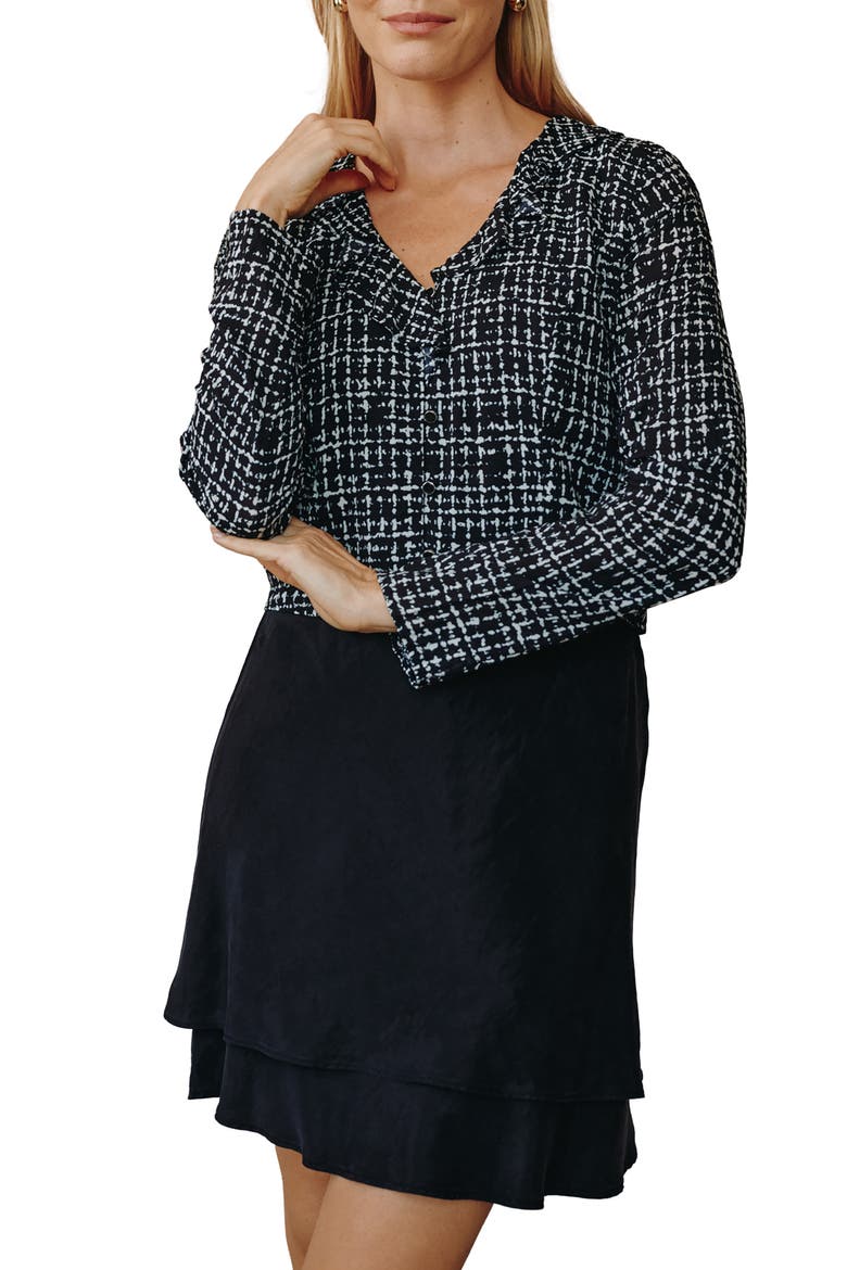 Ruffled Long Sleeve Rayon Top, Main, color, GRID PRINT
